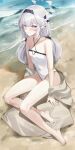  alracoco alternate_costume bare_legs bare_shoulders barefoot beach blue_archive blush breasts collarbone commentary covered_navel flower grey_hair groin hair_flower hair_ornament halo highres himari_(blue_archive) light_smile looking_at_viewer mole mole_under_eye one-piece_swimsuit outdoors pointy_ears sitting small_breasts swimsuit toes twintails white_one-piece_swimsuit yokozuwari 