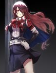  1girl artist_name black_skirt drill_hair drill_sidelocks evoker hair_over_one_eye holster kirijou_mitsuru long_hair neck_ribbon parted_lips persona persona_3 persona_3_reload pppppknw red_eyes red_hair red_ribbon ribbon sidelocks skirt solo 