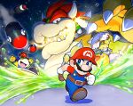  1girl 3boys ^_^ arms_up blue_eyes bowser bowser_jr. brown_footwear brown_hair bullet_bill claws clenched_hands closed_eyes dress f.l.u.d.d. facial_hair fang fire gloves hat highres holding holding_umbrella hoshi_(star-name2000) mario mario_(series) multiple_boys mustache open_mouth parasol pink_dress princess_peach red_headwear rubber_duck sharp_teeth spikes super_mario_sunshine teeth umbrella water white_gloves 