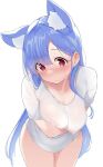  1girl animal_ear_fluff animal_ears blue_hair blush closed_mouth collarbone commentary_request lactation lactation_through_clothes long_hair original red_eyes shirt short_sleeves simple_background solo t-shirt tears terazip white_background white_shirt 