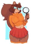  2023 4_fingers alternate_species anthro bottomwear brown_hair clothed clothing eyebrow_through_hair eyebrows eyewear female fingers furrification glasses hair hand_behind_back hanna-barbera hi_res holding_object inner_ear_fluff legwear looking_at_viewer magnifying_glass mammal midriff navel orange_clothing orange_legwear orange_sweater orange_topwear rectangular_glasses red_bottomwear red_clothing red_skirt rodent sciurid scooby-doo_(series) short_hair simple_background skirt smile smiling_at_viewer solo sweater tail topwear translucent translucent_hair tree_squirrel ttothep_arts tuft velma_dinkley wearing_glasses 