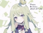  1girl blazer blue_jacket blush bow bowtie cape closed_mouth coat collared_shirt commentary crown dated fur-trimmed_coat fur_trim green_cape green_hair hair_flaps happy_birthday jacket kamiyama_high_school_uniform_(project_sekai) kusanagi_nene long_hair long_sleeves project_sekai purple_eyes qi7pi red_bow red_bowtie school_uniform shirt smile solo upper_body very_long_hair white_background white_shirt 