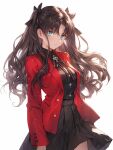 1girl ai-generated black_hair black_shirt black_skirt blue_eyes bow breasts closed_eyes cowboy_shot fate/stay_night fate_(series) hair_bow highres jacket long_hair looking_at_viewer red_jacket shirt shirt_tucked_in skirt solo tarte_(hodarake) tohsaka_rin two_side_up very_long_hair wavy_hair white_background 