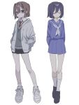  2others black_footwear black_skirt blue_hair blue_sailor_collar blue_serafuku blue_skirt brown_eyes brown_hair chara_(undertale) closed_eyes closed_mouth collared_shirt expressionless frisk_(undertale) full_body green_sweater_vest grey_jacket hair_between_eyes highres jacket loafers long_sleeves looking_at_viewer multiple_others neckerchief necktie r_ego999 red_necktie sailor_collar school_uniform serafuku shirt shoes short_hair simple_background skirt sneakers sweater_vest undertale white_background white_footwear white_neckerchief white_shirt 