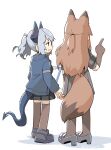  2girls absurdres animal_ears arknights black_footwear black_skirt blue_jacket brown_gloves brown_hair brown_pantyhose brown_thighhighs clipboard commentary demon_girl demon_horns demon_tail elbow_gloves facing_away fox_ears fox_girl fox_tail franka_(arknights) from_side full_body gloves grey_hair highres holding holding_clipboard horns jacket konno_akikaze liskarm_(arknights) looking_at_another multiple_girls open_mouth pantyhose pleated_skirt pointing red_eyes shadow short_ponytail sidelocks simple_background skirt tail thighhighs twitter_username white_background 