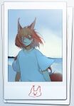  1girl absurdres animal_ears arknights beach bright_pupils collarbone evening extra_ears flametail_(arknights) grey_sky hair_between_eyes highres looking_at_viewer ocean outdoors photo_(object) red_eyes red_hair shirt short_sleeves signal_1120 sky smile solo squirrel_ears squirrel_girl squirrel_tail t-shirt tail upper_body white_pupils white_shirt wind 