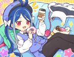  1girl :3 antenna_hair black_pantyhose blue_archive blue_hair blue_headwear blue_necktie blue_skirt blue_vest blush bow commentary_request couch cup disposable_cup doughnut food fubuki_(blue_archive) hair_bow halo hat holding holding_food jacket knees_up long_hair long_sleeves looking_at_viewer lying miniskirt multicolored_hair necktie notice_lines on_back on_couch onyhakase open_mouth pantyhose peaked_cap pink_halo red_eyes shirt skirt solo star_(symbol) streaked_hair twintails unworn_jacket vest waistcoat walkie-talkie white_bow white_jacket white_shirt 