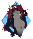  anthro breasts canid canine demon digital_media_(artwork) ear_piercing facial_piercing female fur grey_body hair hi_re hi_res horn macro mammal micro mordorinka nose_piercing piercing red_hair ring_piercing rodent simple_background size_difference smile solo teeth 