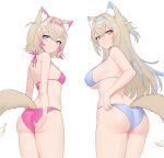  2girls absurdres animal_ear_fluff animal_ears ass bikini blonde_hair blue_bikini blue_eyes blue_hair blue_headband breasts dog_ears dog_tail fang fuwawa_abyssgard hair_ornament hairpin headband highres hololive hololive_english large_breasts long_hair looking_at_viewer looking_back mococo_abyssgard moursho multicolored_hair multiple_girls pink_bikini pink_eyes pink_hair pink_headband short_hair siblings simple_background sisters small_breasts streaked_hair swimsuit tail thighs twins virtual_youtuber white_background x_hair_ornament 