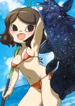  1girl :d absurdres animal_crossing arm_up bikini black_eyes blue_sky breasts brown_hair cleavage cloud coelacanth collarbone day eyelashes fish fishing_rod highres holding holding_fishing_rod medium_breasts muramasa_mikado ocean open_mouth outdoors red_bikini short_hair side-tie_bikini_bottom sky smile solo standing swept_bangs swimsuit thighs underboob villager_(animal_crossing) water 