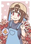  1girl backwards_hat baseball_cap blue_hair blue_overalls blue_shirt blush_stickers brown_hair commentary_request finger_counting hat hozuki_momiji leaf light_blue_hair looking_at_viewer maple_leaf name_connection nekotoufu object_namesake official_art onii-chan_wa_oshimai! overalls pink_eyes shirt short_hair short_ponytail short_sleeves smile solo spoken_number spread_fingers t-shirt tomboy upper_body 