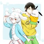  2boys animal animal_ears animal_hat animal_on_head black_hair blue_background blue_jacket carrying character_print child_carry cinnamoroll clothed_animal crossover dog dog_hat dress_shirt fake_animal_ears glasses green_eyes green_pants hand_on_headwear hand_up hat hood hoodie jacket jewelry kuga_yuuma looking_at_viewer male_focus matching_outfits mikumo_osamu multiple_boys on_head pants paw_print pesu pochacco polka_dot polka_dot_shirt print_shirt puckered_lips red_eyes ring sanrio semi-rimless_eyewear shirt short_hair smile suspenders_hanging under-rim_eyewear untucked_shirt white_hair white_headwear white_shirt world_trigger yellow_hoodie 