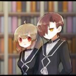  1boy 1girl ahoge black_jacket blurry blurry_background bookshelf breasts brown_hair closed_mouth commentary_request hair_between_eyes hair_over_one_eye harvest_fes jacket librarian_(library_of_ruina) library_of_ruina light_brown_hair long_sleeves medium_breasts open_mouth pale_skin project_moon red_eyes shirt short_hair smile white_shirt yellow_eyes 