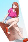  1girl absurdres ankle_socks blue_socks brown_hair denim denim_shorts earrings high-waist_shorts highres hijiri_ageha hirogaru_sky!_precure jewelry leg_up long_hair looking_to_the_side off-shoulder_shirt off_shoulder pink_skirt precure purple_eyes red_footwear shirt shoes short_sleeves shorts sitting_on_wall skirt sneakers socks solo stud_earrings swept_bangs tanabe_(fueisei) 