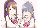  2girls ^_^ arm_at_side arm_up assault_lily blush bow bowtie braid breasts brown_hair closed_eyes closed_mouth collared_shirt commentary french_braid fukuyama_jeanne_sachie grey_hair hair_bow hair_ribbon hairband half_updo hand_on_another&#039;s_head hand_up highres kishimoto_maria_mirai long_hair long_sleeves looking_at_another ludvico_private_girls&#039;_academy_school_uniform medium_breasts mimura_(eh_mi0) mole mole_under_mouth multiple_girls open_mouth pink_background pink_bow pink_bowtie purple_eyes purple_hairband purple_ribbon ribbon school_uniform shirt side-by-side sidelocks simple_background smile suspenders swept_bangs upper_body white_shirt 