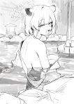  1girl absurdres animal_ears ass blue_archive blush breasts bucket drunk greyscale halo highres large_breasts looking_at_viewer mark_jin monochrome onsen open_mouth outdoors partially_submerged rock shigure_(blue_archive) shigure_(hot_spring)_(blue_archive) sketch solo water weasel_ears weasel_girl 