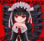  12nekosan21 1girl black_hair black_nails bonnet celestia_ludenberg closed_mouth danganronpa:_trigger_happy_havoc danganronpa_(series) drill_hair earrings frills gothic_lolita jacket jewelry lolita_fashion long_hair long_sleeves looking_at_viewer nail_polish necktie own_hands_together red_background red_eyes red_necktie shirt smile solo twin_drills twintails 