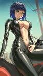  1girl alternate_costume biker_clothes bikesuit black_bodysuit black_hair blue_hair blue_sky bob_cut bodysuit breasts cleavage closed_mouth genshin_impact green_eyes highres large_breasts motor_vehicle motorcycle navel open_bodysuit open_clothes power_lines shiyorumone short_hair sitting skin_tight sky solo utility_pole yelan_(genshin_impact) zipper zipper_pull_tab 