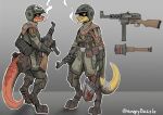  2022 anthro armor cape cigarette cigarette_in_mouth clothing digitigrade digitigrade_footwear duo english_text explosives grenade gun headgear helmet hungrydazzle kobold male object_in_mouth ranged_weapon shovel simple_background smoking smoking_cigarette standing submachine_gun text tools weapon 