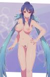  1girl blue_hair breasts censored closed_mouth collarbone commentary female_pubic_hair hair_bun hand_on_own_hip heart heart_censor highres judith_(tales) lamb-oic029 large_breasts long_hair looking_at_viewer navel nipples nude pointy_ears pubic_hair red_eyes shiny_skin smile solo standing tales_of_(series) tales_of_vesperia 
