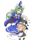  2girls apron black_headwear blonde_hair blue_cape blue_capelet blue_dress blue_headwear blue_skirt blue_vest bow braid buttons cape capelet dress frilled_apron frilled_hat frilled_skirt frills ghost_tail green_eyes green_hair hat hat_bow highres holding holding_clothes holding_skirt kirisame_marisa long_hair long_sleeves mary_janes mima_(touhou) multiple_girls open_mouth osana_reimu praeto ribbon shirt shoes single_braid skirt sun_print sun_symbol touhou touhou_(pc-98) vest white_shirt witch_hat wizard_hat yellow_bow 