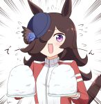  animal_ears black_hair blush breasts commentary_request flower food hair_over_one_eye hat horse_ears horse_girl horse_tail jacket kimukimu long_hair looking_at_viewer open_mouth plate portrait purple_eyes rice rice_shower_(umamusume) signature small_breasts tail track_jacket umamusume white_background 