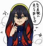 1girl black_hair blue_jacket carmine_(pokemon) closed_mouth crossed_bangs echizen_(n_fns17) eyelashes hair_between_eyes index_finger_raised jacket long_hair long_sleeves looking_at_viewer mole mole_under_eye multicolored_hair pokemon pokemon_(game) pokemon_sv red_hair solo two-tone_hair upper_body white_background yellow_eyes yellow_headwear 