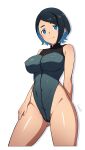  1girl adapted_costume batta_16-sei black_hair blue_eyes breasts colored_inner_hair contrapposto covered_navel grey_leotard gundam gundam_suisei_no_majo highleg highleg_leotard highres leotard medium_breasts multicolored_hair nika_nanaura short_hair simple_background smile solo standing strapless strapless_leotard two-tone_hair white_background 