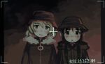  2girls :&lt; :3 bangs black_border black_eyes black_hair black_headwear blonde_hair border brodie_helmet chito_(shoujo_shuumatsu_ryokou) closed_mouth dark english_commentary expressionless film_grain fur_trim hair_between_eyes helmet hood hood_down io_(onisarashi) long_hair long_sleeves low_twintails military_helmet multiple_girls muted_color no_nose shoujo_shuumatsu_ryokou side-by-side smile stahlhelm straight-on timestamp twintails upper_body viewfinder yuuri_(shoujo_shuumatsu_ryokou) zipper zipper_pull_tab 