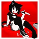  animal_ears arm_support black_choker black_eyes black_hair black_shirt black_thighhighs bracelet cat_ears cat_girl cat_tail choker colored_skin converse fangs gato_del_futuro highres holding holding_knife jewelry knife looking_at_viewer marie_(gato_del_futuro) original pinky_out red_background red_theme shirt shoes short_hair short_shorts shorts single_shoe sitting tail thighhighs thighs untied_shoe unworn_shoes v-shaped_eyebrows white_skin zettai_ryouiki 