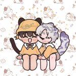  2boys animal_background animal_print black_tail blush bow bowtie cat_boy cat_print cat_tail chibi closed_eyes ctrl_scv fish_background full_body grey_shorts ilay_riegrow jeong_taeui kiss kissing_cheek leopard_tail male_focus multiple_boys musical_note_background open_mouth passion_(manhwa) paw_print paw_print_background shirt shorts smile tail white_background white_hair yaoi yellow_headwear yellow_shirt 