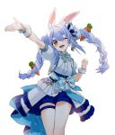  1girl animal_ears arm_up blue_hair blue_shorts bow braid dress gotou_(nekocat) hair_between_eyes hand_up highres hololive idol long_hair multicolored_bow multicolored_hair one_eye_closed open_hand open_mouth orange_eyes rabbit_ears rabbit_girl short_eyebrows shorts simple_background smile solo thick_eyebrows twin_braids usada_pekora virtual_youtuber white_background white_dress wristband 