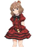  1girl ahoge black_bow black_bowtie blue_eyes blush bow bowtie brown_hair buttons checkered_clothes checkered_dress commentary_request cowboy_shot crown dot_nose dress highres idolmaster idolmaster_million_live! layered_skirt looking_at_viewer mini_crown prologue_rouge_(idolmaster) puffy_short_sleeves puffy_sleeves red_dress short_hair short_sleeves skirt smile solo star_ornament suou_momoko wavy_hair white_background wing_collar yukiho_kotori 