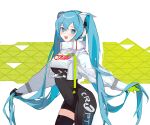  1girl absurdres asymmetrical_bodysuit black_bodysuit black_gloves blue_eyes blue_hair bodysuit boots bush cropped_jacket gloves goodsmile_racing green_gloves hatsune_miku highres jacket long_hair long_sleeves miermere open_mouth racing_miku racing_miku_(2022) single_leg_bodysuit single_thigh_boot smile solo thigh_boots twintails two-tone_gloves very_long_hair vocaloid white_jacket 