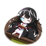  black_hair chibi hair_between_eyes heterochromia highres japanese_clothes kimono long_hair lying official_art on_back original sleeping uzu_hi very_long_hair virtual_youtuber 