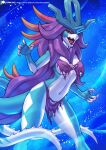  alanscampos ancient_pokemon anthro blue_body bottomwear breasts clothed clothing female front_view generation_9_pokemon hair hi_res loincloth long_hair long_tail looking_at_viewer medium_breasts nintendo nude open_mouth paradox_pokemon partially_clothed pokemon pokemon_(species) purple_hair rags skimpy solo standing tail topwear torn_clothing walking_wake 