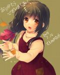  1girl 2019 :d autumn_leaves blush brown_eyes clannad commentary_request cowboy_shot dated eyelashes eyes_visible_through_hair floating_hair green_background green_hair hair_between_eyes hair_over_shoulder hands_up happy holding holding_leaf ibuki_fuuko leaf long_hair long_sleeves looking_at_viewer low-tied_long_hair open_hands open_mouth overalls red_overalls satomi_yoshitaka shirt sidelocks simple_background smile solo standing tareme yellow_shirt 