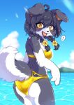  accessory anthro big_ears bikini black_body black_fur black_hair border_collie braided_pigtails butt canid canine canis clothed clothing collie cotorita domestic_dog female floppy_ears flower flower_in_hair fluffy fluffy_tail fur hair hair_accessory herding_dog hi_res koto0v0haru looking_at_viewer mammal outside partially_submerged pastoral_dog plant rear_view sheepdog solo standing standing_in_water swimwear tail water yellow_eyes 