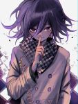  1boy buttons closed_mouth danganronpa_(series) danganronpa_v3:_killing_harmony double-breasted hair_between_eyes hand_up highres index_finger_raised jacket long_sleeves looking_at_viewer male_focus medium_hair multicolored_background multicolored_hair oma_kokichi purple_eyes smile solo translation_request two-tone_hair urami0310 white_background 