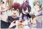  4boys absurdres alkaloid_(ensemble_stars!) amagi_hiiro ayase_mayoi blonde_hair blue_hair blush cake closed_eyes ensemble_stars! food green_eyes happy_birthday highres kazehaya_tatsumi light_blue_hair long_hair looking_at_viewer male_focus mole mole_under_eye multiple_boys one_eye_closed open_mouth purple_eyes purple_hair red_hair shiratori_aira_(ensemble_stars!) short_hair smile usahana101 