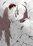  2boys abs bara beard beard_stubble bed_sheet blush boku_no_hero_academia crack_of_light endeavor_(boku_no_hero_academia) facial_hair feathered_wings feathers feet_out_of_frame from_above hand_on_another&#039;s_chest hawks_(boku_no_hero_academia) highres large_pectorals lying male_focus mature_male multiple_boys muscular muscular_male naked_sheet navel nipples on_side pectoral_cleavage pectorals scar scar_across_eye shared_blanket short_hair sleeping spiked_hair tank_top thick_thighs thighs wings wkponkotsu yaoi 
