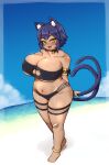  1girl absurdres animal_ear_fluff animal_ears anklet bandaid bandaid_on_face bandaid_on_knee bandaid_on_leg bandeau beach bell belly bikini black_bandeau black_bikini blue_hair blush breast_suppress cat_cutout cat_ears cat_girl cat_tail choker clothing_cutout collarbone commission dark-skinned_female dark_skin ears_through_headwear fang highres ichika_(ichika_manga) jewelry jingle_bell mole mole_under_eye multiple_tails navel neck_bell no_nose open_mouth original plump short_hair shortstack skeb_commission slit_pupils smile solo sweat swimsuit tail thick_thighs thigh_strap thighs wide_hips yellow_eyes 