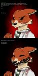  anthro bared_teeth blood blood_on_clothing bodily_fluids cane canid canine clothing coat fangs fluffy fox grin hi_res lab_coat male mammal massachusetts_institute_of_technology red_(rq) smile solo str8aura-no-not-that-one teeth text topwear 