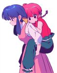  2girls ass bow braid braided_ponytail breasts carrying closed_mouth couple dress hair_bow highres multiple_girls piggyback pink_dress ranma-chan ranma_1/2 red_hair sanamaru_(sana79261827) simple_background tendou_akane yellow_bow 