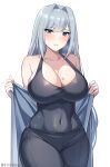  1girl bare_shoulders blue_eyes breasts cleavage collarbone covered_navel english_text ethel_(xenoblade) grey_hair hair_intakes highres large_breasts light_blush long_hair looking_at_viewer meme namu_(112namu) navel parted_lips solo teeth undressing very_long_hair xenoblade_chronicles_(series) xenoblade_chronicles_3 