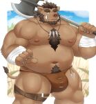  2023 absurd_res anthro belly big_belly bulge clothing hi_res humanoid_hands kemono male mammal mature_male moobs musclegut navel nipples nisikemo overweight overweight_male solo suid suina sus_(pig) underwear weapon wild_boar 