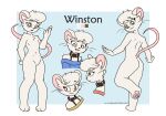  4_fingers anthro big_ears blush blush_lines butt clothing collar crotch_lines ear_tuft fingers fur green_eyes hi_res male mammal marcus_gray model_sheet mouse murid murine pawpads paws rail rodent shocked_expression solo sweater tail tangledwinston teeth topwear tuft whiskers white_body white_fur 