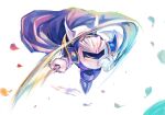  akakiao_tea blue_cape blue_footwear cape cape_lift clenched_teeth closed_eyes commentary_request galaxia_(sword) gloves holding holding_sword holding_weapon kirby_(series) meta_knight motion_blur no_humans petals sabaton shoulder_pads solo sword teeth veil_lift weapon white_background white_gloves white_mask white_veil yellow_trim 