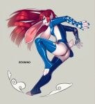  anthro big_ears bottomwear breasts butt clothing durabelle female hair lagomorph latex legwear leporid long_hair looking_at_viewer mammal pose red_hair rexwind simple_background skirt smile solo superhero thigh_highs underwear 