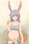  1girl absurdres animal_ears big_belly blue_eyes carrot_pillow collarbone earrings grey_hair hair_over_one_eye highres jewelry long_bangs long_hair midriff mutou_youshun navel original pillow pointing pointing_up pregnant rabbit_ears rabbit_girl shorts sitting smile solo sports_bra 